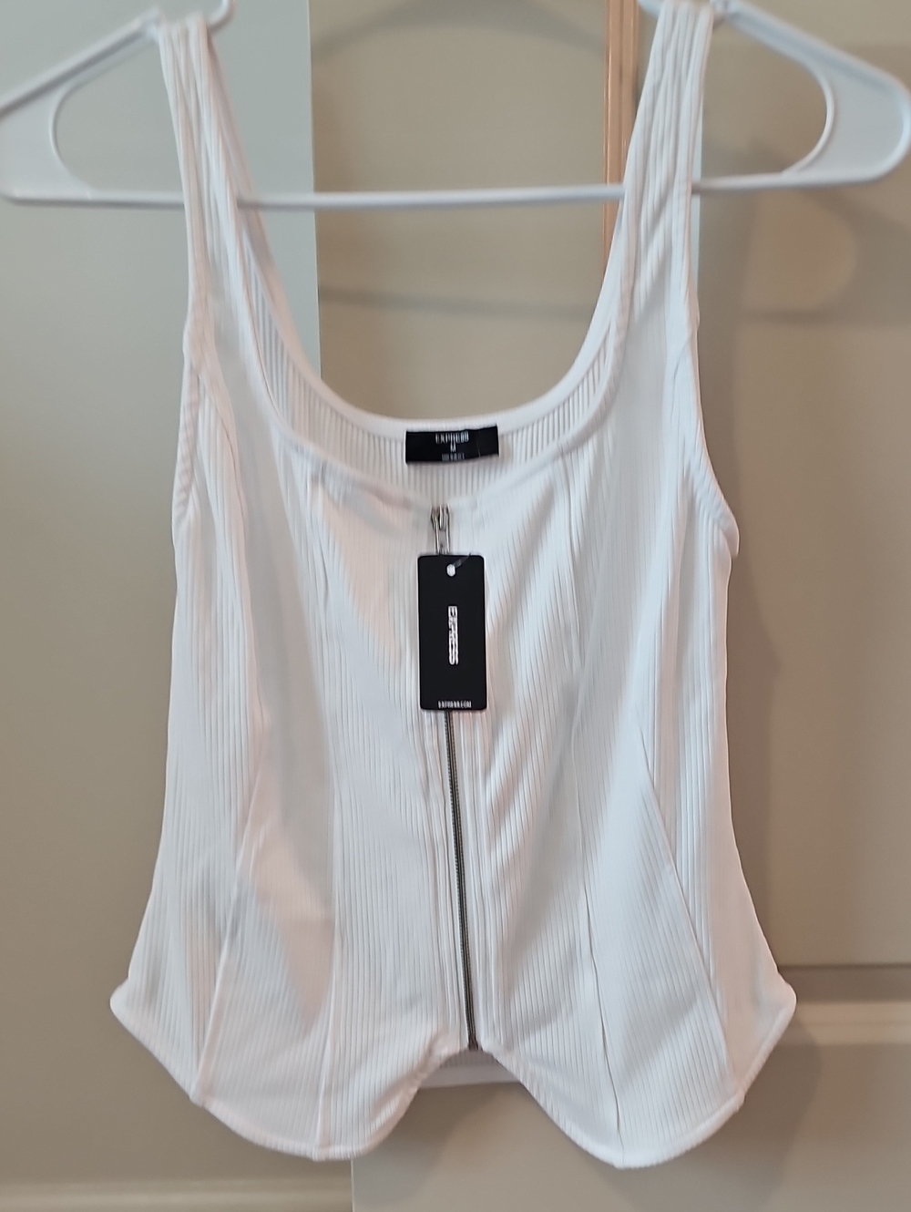 Express White Ribbed Zip-Front Bodysuit